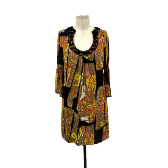 Trina Turk Mod Style Silk Abstract Bell Sleeve 60s Dress‎ Size 2 - Picture 1 of 7